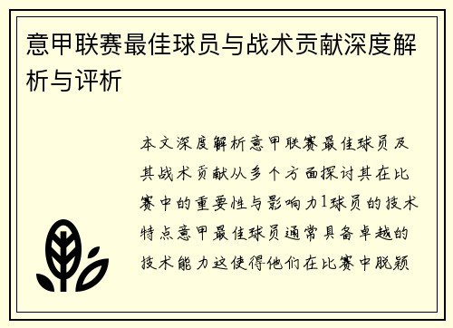 意甲联赛最佳球员与战术贡献深度解析与评析
