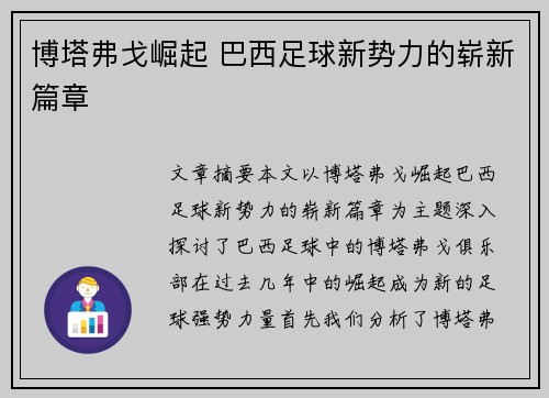 博塔弗戈崛起 巴西足球新势力的崭新篇章